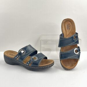 Clarks Slide Sandals Womens 7 Navy Blue Leather Comfort Shoes Slip-On